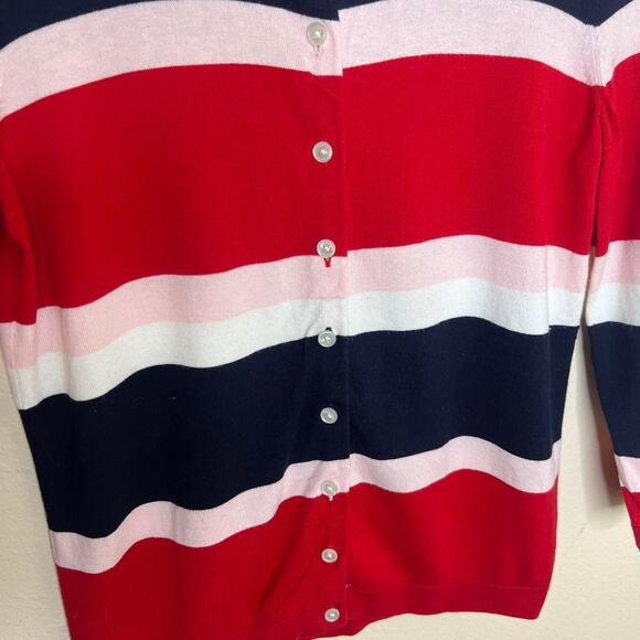 Talbots Red Navy Pink Stripe 3/4 Sleeve Cardigan Small - Picture 4 of 8